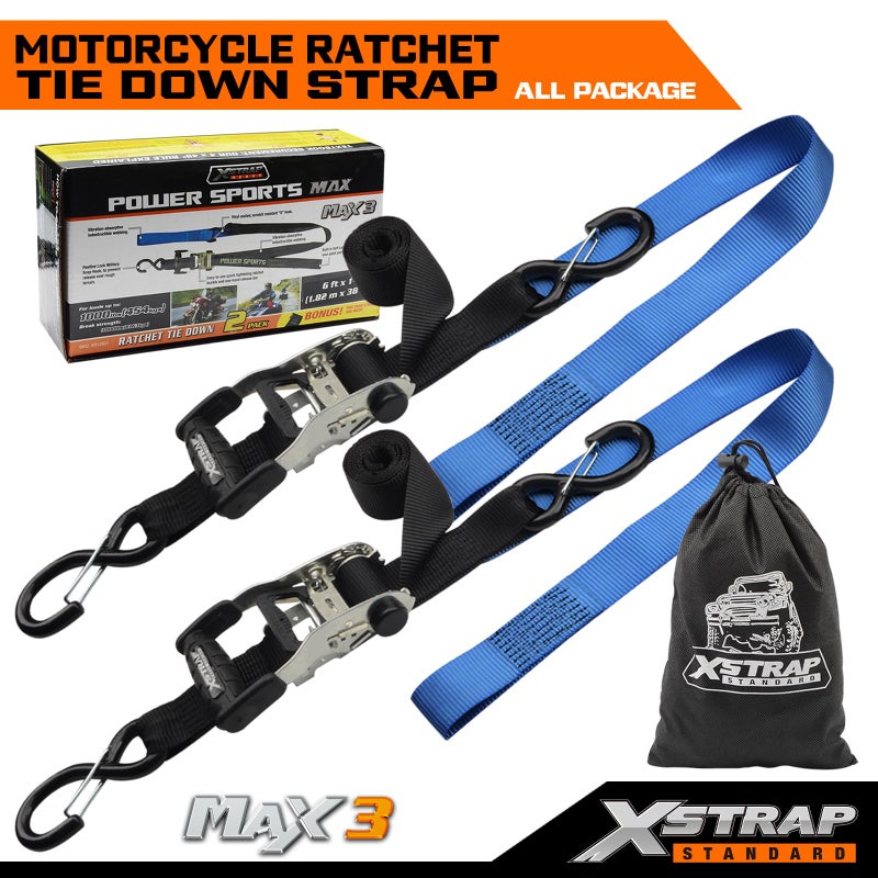 XSTRAP STANDARD 2Pk Heavy Duty Motorcycle Ratchet Tie Down Straps, 1.5" x 6' Safety Clip Hooks & Soft Loops, Cargo Accessory Securing Motorcycles, Dirt Bikes, Kayaks, Atvs, Utvs, Landscaping Equipment - Image 2